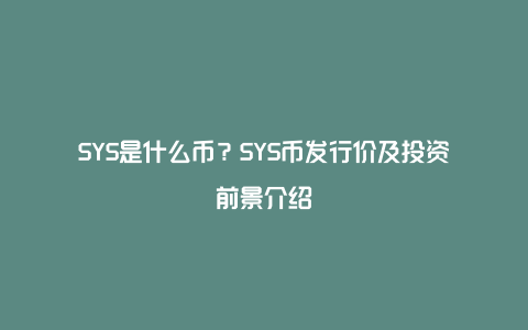 SYS是什么币？SYS币发行价及投资前景介绍