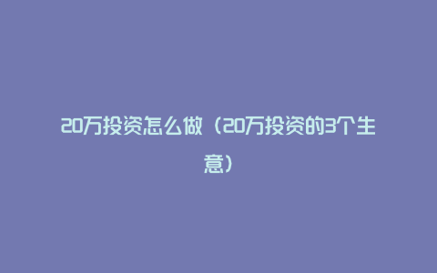 20万投资怎么做（20万投资的3个生意）