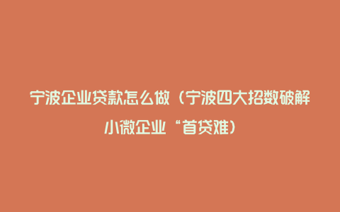 宁波企业贷款怎么做（宁波四大招数破解小微企业“首贷难）