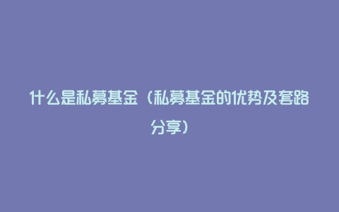 什么是私募基金（私募基金的优势及套路分享）