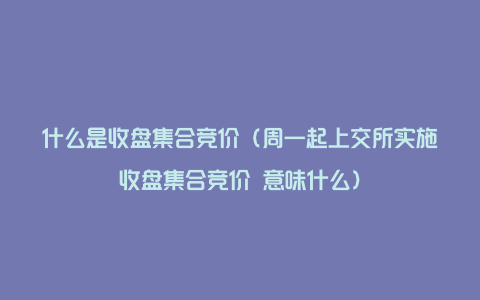 什么是收盘集合竞价（周一起上交所实施收盘集合竞价 意味什么）