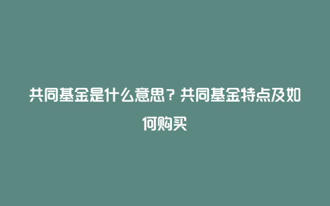 共同基金是什么意思？共同基金特点及如何购买