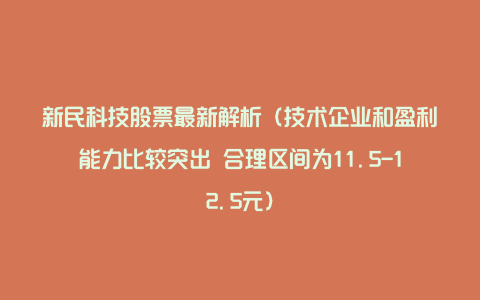 新民科技股票最新解析（技术企业和盈利能力比较突出 合理区间为11.5-12.5元）