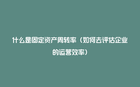 什么是固定资产周转率（如何去评估企业的运营效率）