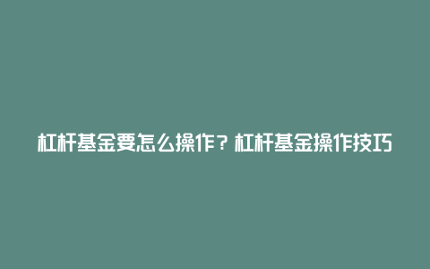 杠杆基金要怎么操作？杠杆基金操作技巧